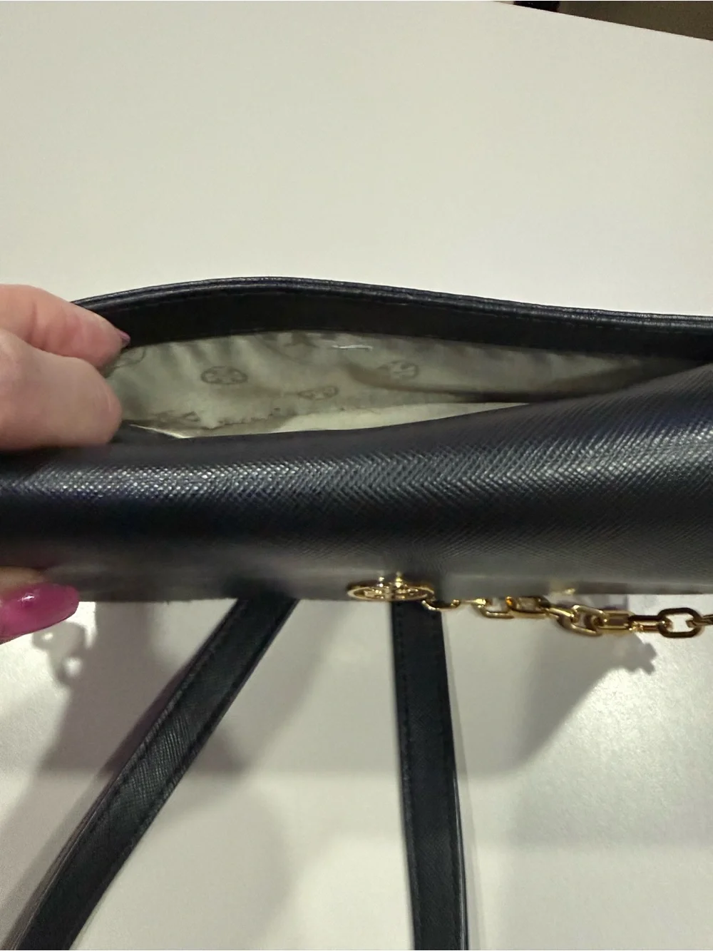 Tory Burch Robinson Mini Black Leather Bag with gold chain & hardware.